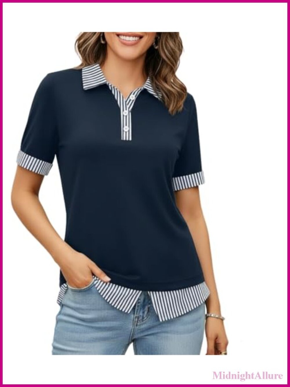 Women's Patchwork Striped Polo V-Neck Short Sleeve Blouse Top